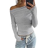 Ninimour Womens Classy Tops Off Shoulder Long Sleeve T Shirt Ruched Casual Slim Fit Going Out Blouse