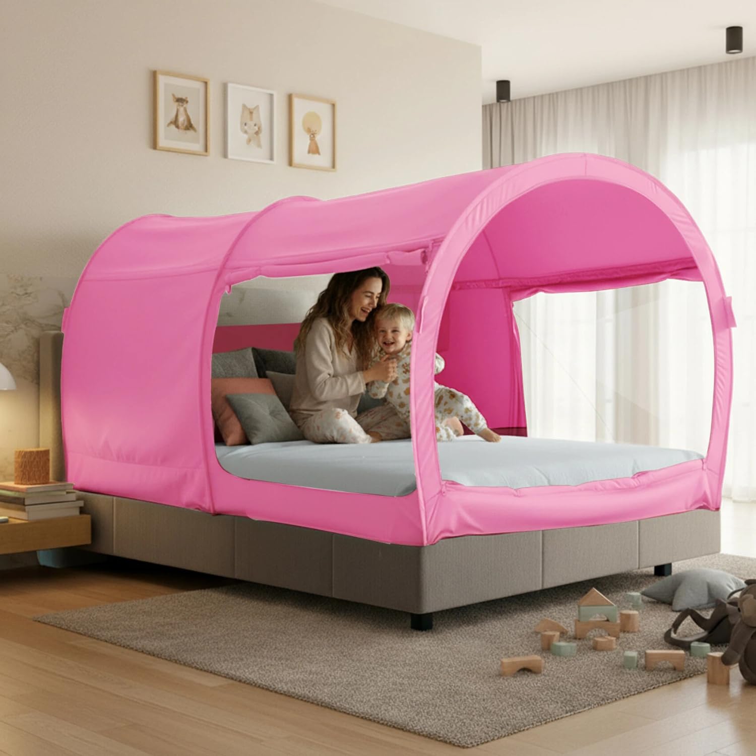 Bed Tent Dream Tents Bed Canopy Shelter Cabin Indoor Privacy Warm Breathable Pop Up Full Size for Kids and Adult Patent Pending Pink(Mattress Not Included) Image