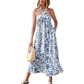 CUPSHE Womens Summer Dresses Halter Floral Casual Smocked Long Sleeveless Ruffled Pockets Beach Midi Wedding Guest Dress