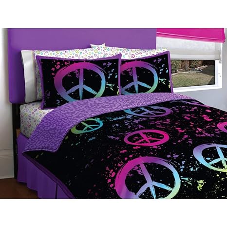 Buy Girl Black Purple Pink Green Peace Sign Full Comforter Set