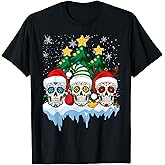 Mexican Calavera Santa Flower Sugar Skull Christmas T-Shirt