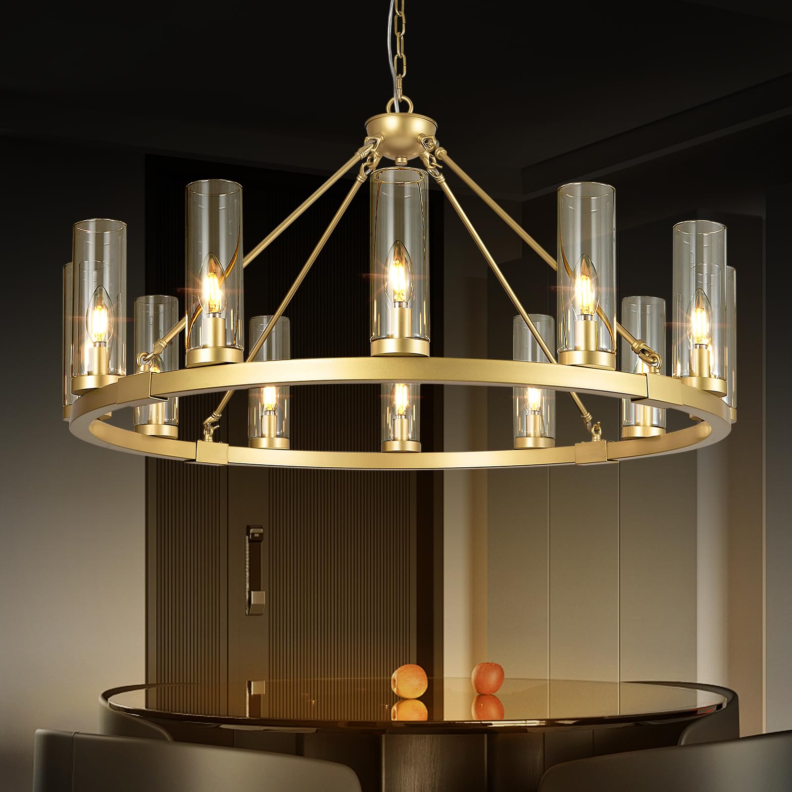 Photo 1 of zhllmq 12 Lights Gold Chandelier Wagon Wheel Chandelier with Clear Glass Shade Round Industrial Pendant Lighting Fixture for Stair Living Room Foyer Kitchen