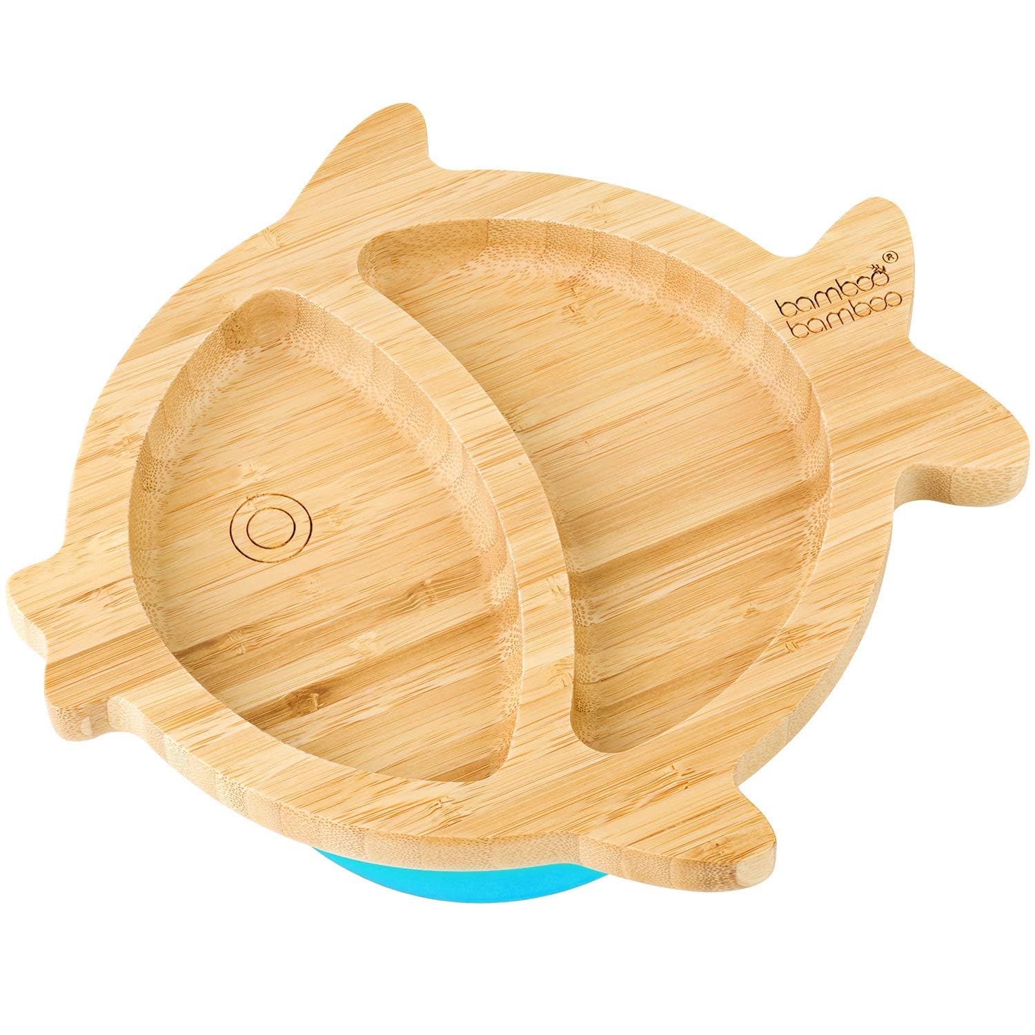 bamboo bamboo Baby and Toddler Plate with Suction Base for Feeding and Weaning, Bamboo Fish Plate with Secure Suction for Babies from 6 Months (Fish, Blue)