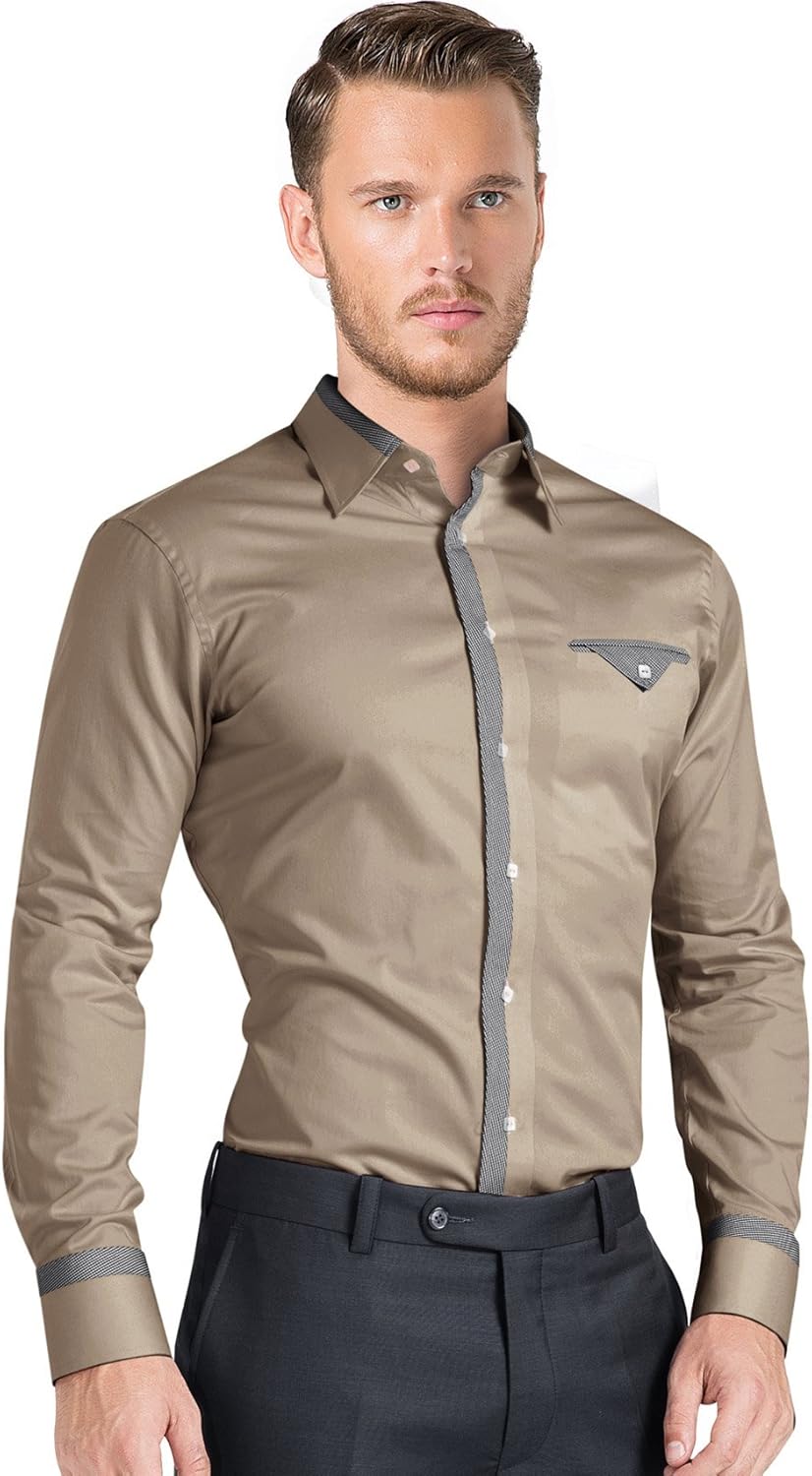 iTailor Men's Cotton Shirt with Stylish Grey Contrast Mocha 15.5D at