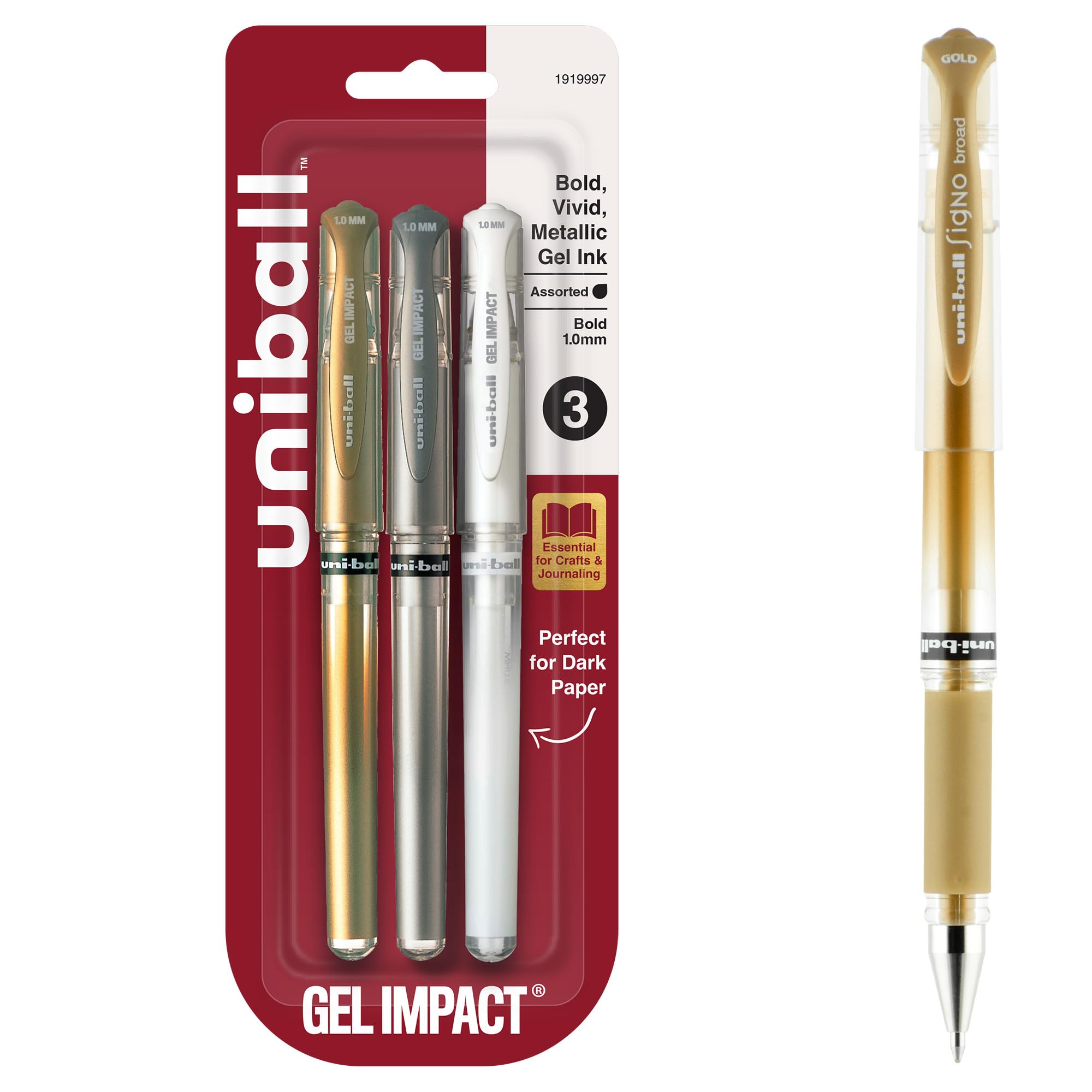 3 x UNI-BALL SIGNO UM-153 GEL INK ROLLERBALL PENS BROAD TIP [Pack of 3] 1 x GOLD, 1 x SILVER, 1 x WHITE