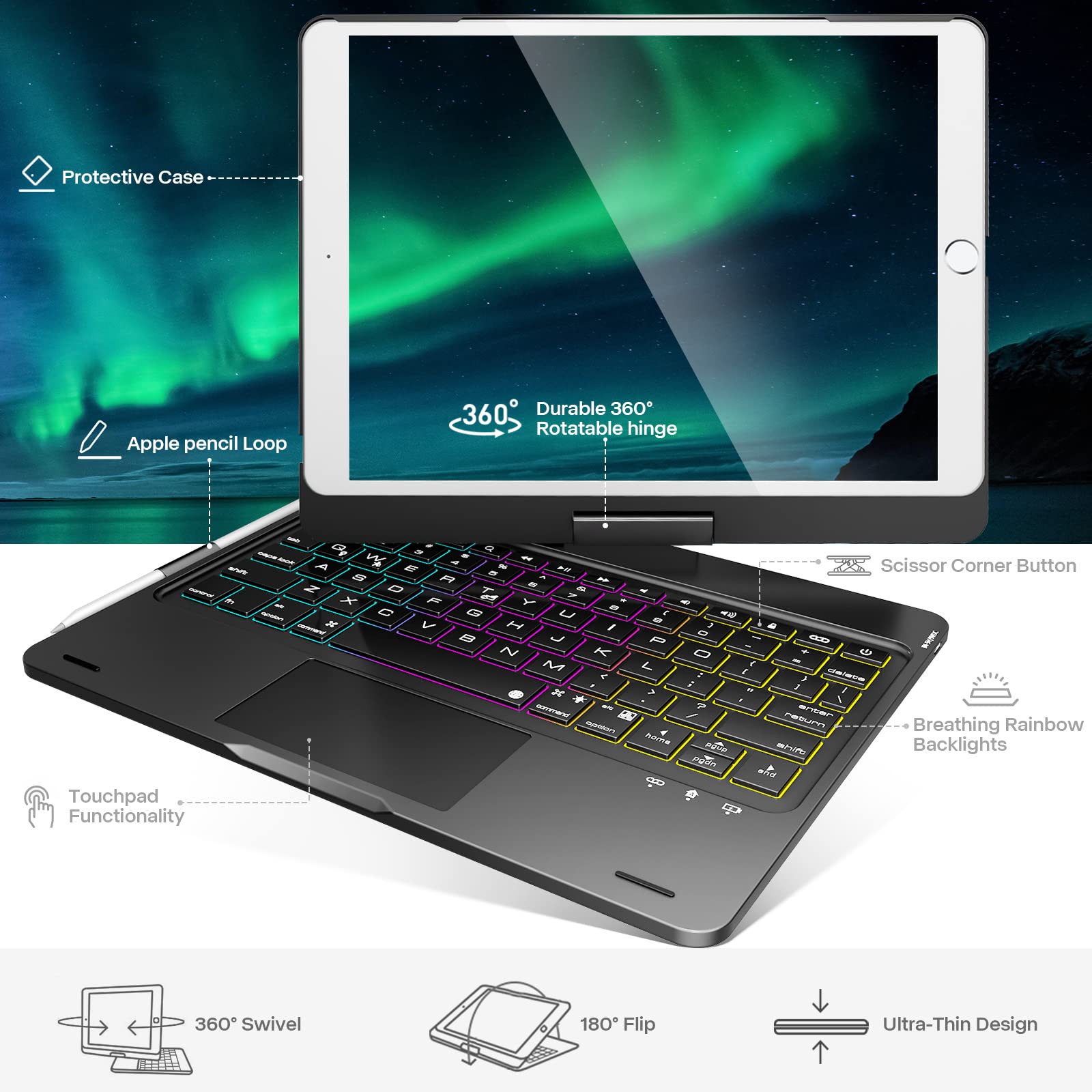 NOKBABO iPad 9th Generation Case with Keyboard 360° Rotatable Touchpad and 7 Color Backlight & Pencil Holder for iPad 9th/8th/7th Gen 10.2 inch & iPad Air 3rd Gen/iPad Pro 10.5 inch - Black