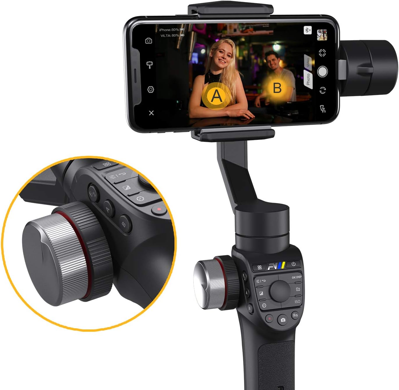 Freevision Vilta-M Pro 3-Axis Handheld Stabilizer Gimbal for iPhone, Samsung, Premium Stability Performance, Double Wheel, Preset Mark A/B Focal Point, Wireless Charging