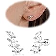 Cartilage Screw Back Earrings for Women, Flat Back Earrings Sterling Silver Hypoallergenic Earrings for Girls Conch Helix Piercing Jewelry Crawler Butterfly Flower Stud Earrings (Leaf, Silver)
