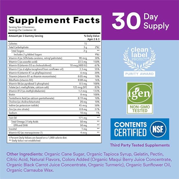 SMARTYPANTS TODDLER MULTIVITAMIN GUMMIES: OMEGA 3 FISH OIL (EPA/DHA), VITAMIN D3, C, VITAMIN B12, B6, A, K & ZINC, BIOTIN, BETA CAROTENE, GLUTEN FREE, THREE FRUIT FLAVORS, 90 COUNT (30 DAY SUPPLY)