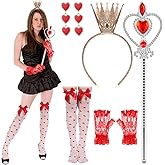 Liliful 5 Pcs Halloween Heart of the Woman Queen Costume Accessories Party Accessories Gold Crown Headband Socks Lace Gloves Scepter Wand Heart Dangle Earrings