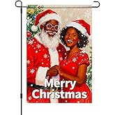 HOMETITUTE Merry Christmas African American Black Santa Garden Flag 12x18 Inch Double Sided Santa and Mrs Claus Couple Red Christmas Tree Flags Holiday Outdoor Winter Yard Banner Decor