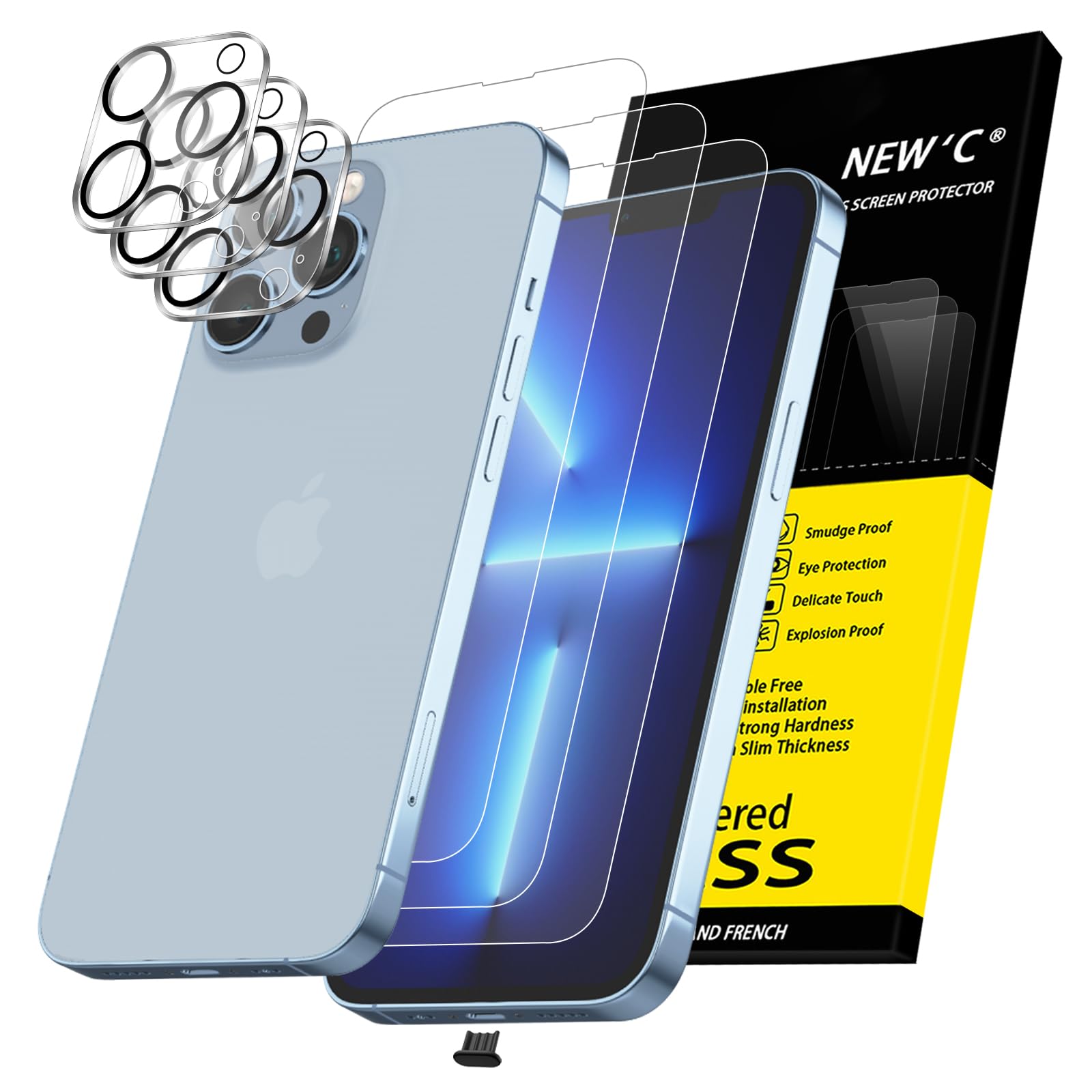 Photo 1 of NEW'C 3X for iPhone 13 Pro Screen Protector (6.1 inches)+ 3X Camera Lens Protector, Sensor Protection + Dust Plug - Case Friendly Tempered Glass Film, Ultra Resistant