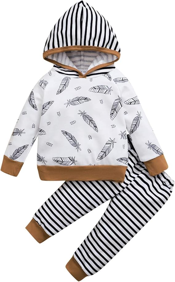 Amazon Co Jp Cousannory ベビー服 男の子 女の子 長袖 フェザー柄 パーカー ストライプ フード付き パンツ 2点セット カジュアル 子供服 キッズ 赤ちゃん セットアップ 上下セット ジャージ スウェット 運動着 スポーツウェア 秋冬 プレゼント 服 ファッション小物