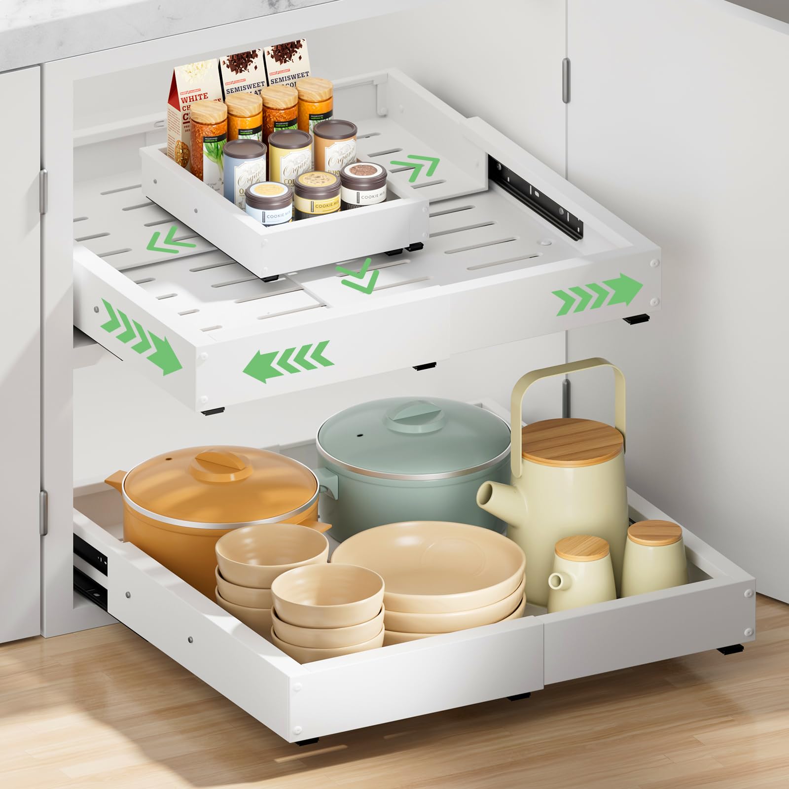Photo 1 of BUFOR 2 Pack Pull out Cabinet Organizer, Width (12"-19") Depth (17"-22"), with 3 Rails Adjustable Slide, Expandable Pullout Drawers for Cabinets, No Drill Adhesive Kitchen Drawers for Pantry Shelves