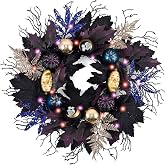 DecorbyHannah 18 inch Halloween Door Wreath with Lights for Mantle Party | Pre-Lit Purple Black Witch Gothic Wreaths Pumpkins Maple Leaves Skeleton Ornaments Decor for Porch Wall Table Party Indoor