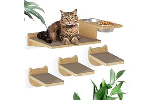 MeowHomm Cat Wall Shelves, Wood Wall Furniture with 3 Steps, Cat Feeding Shelf with 2 Food Bowls, Wooden Bed Furniture Wall Mounted