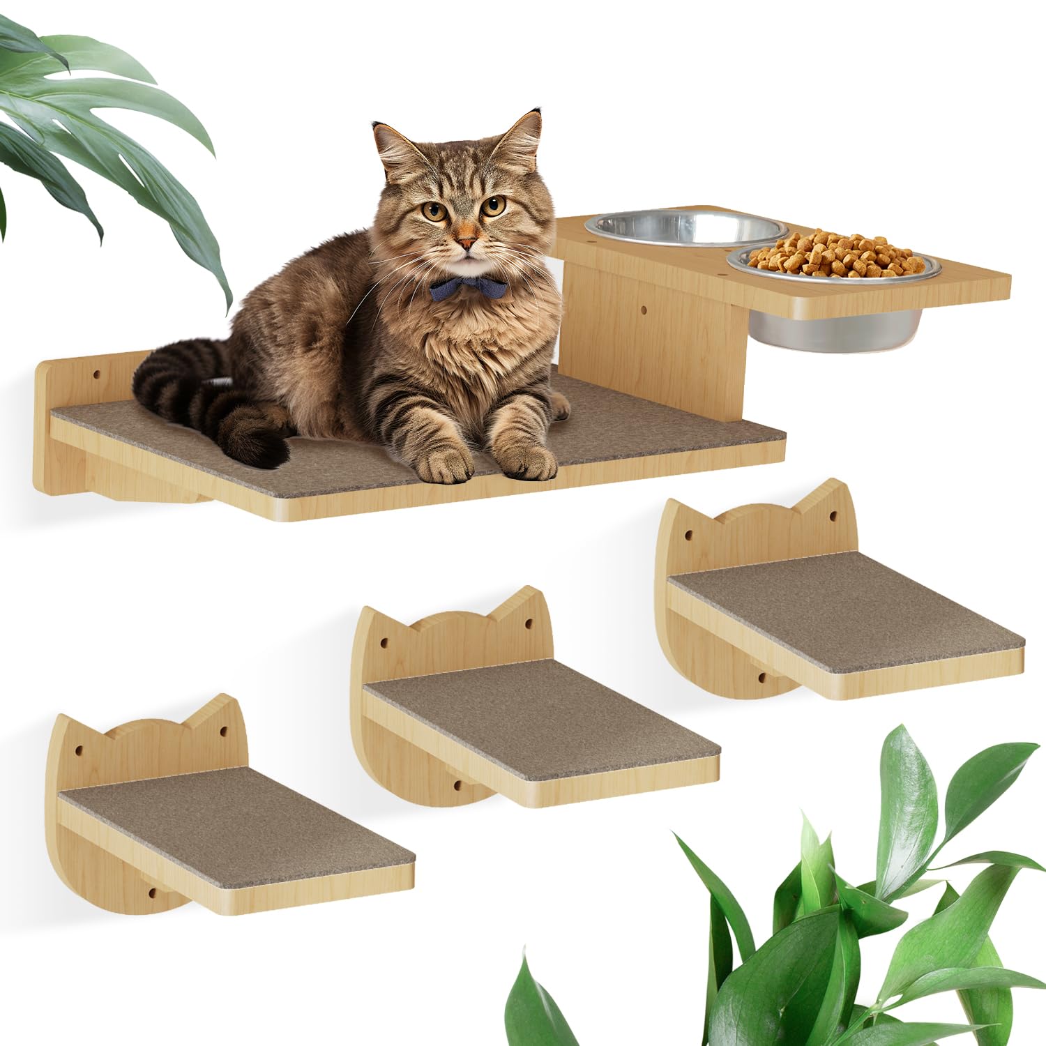 Photo 1 of MeowHomm Cat Wall Shelves, Wood Wall Furniture with 3 Steps, Cat Feeding Shelf with 2 Food Bowls, Wooden Bed Furniture Wall Mounted