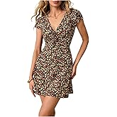 Floerns Women's Floral Tie Front Mini Dress Cap Sleeve V Neck A Line Dresses