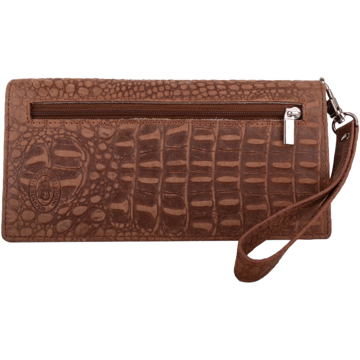 Womens Genuine Leather RFID Protected Clutch/Matinee Purse with Croc Design - Mid Brown