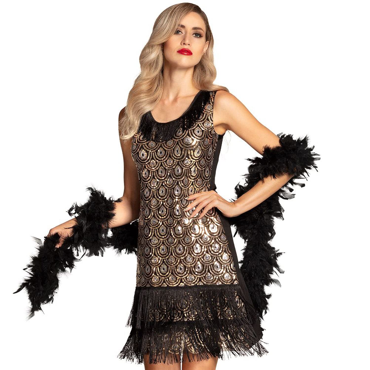 Boland 87114 - Flapper Peacock Costume, Size L, Short Dress with Fringes, Sequins and Peacock Pattern, Charleston Lady, 20s, New Year's Eve, Carnival, Theme Party