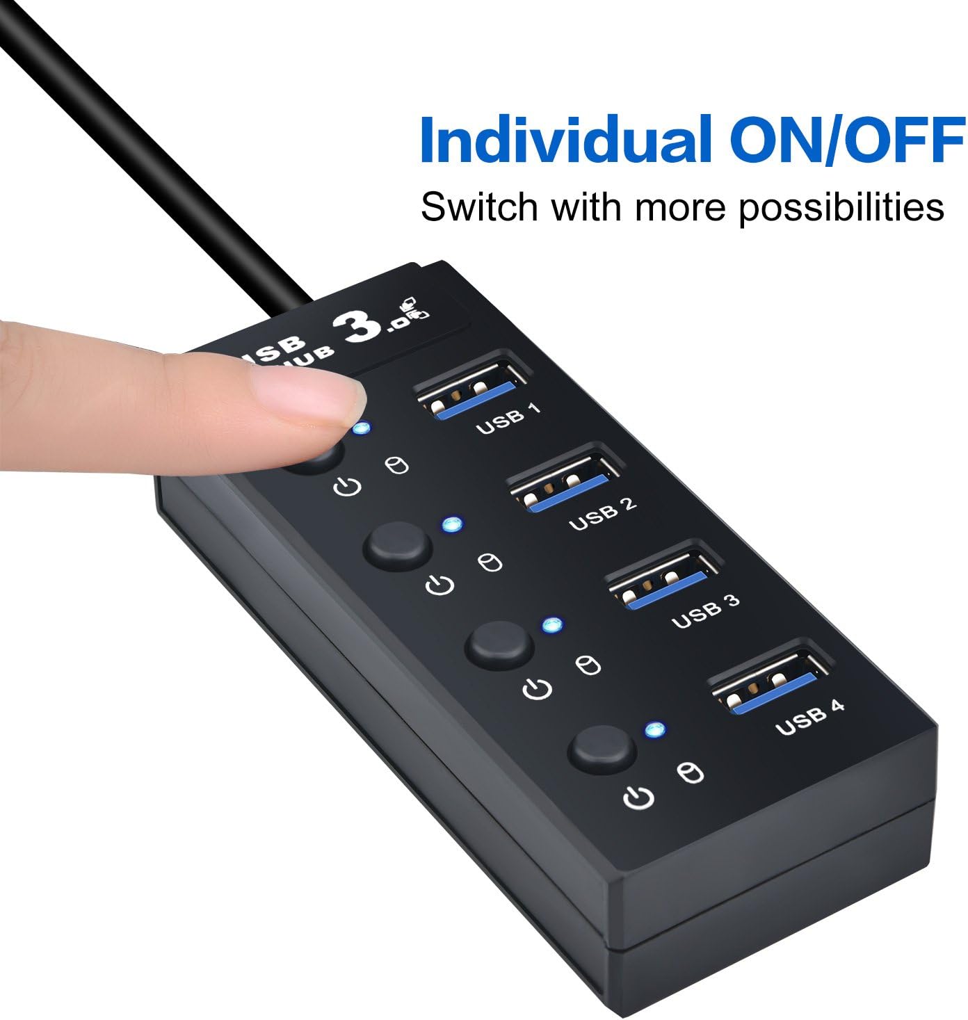 USB Hub 3.0, 4-Port USB 3.0 Splitter High Speed Portable Ultra Slim Data Transfer Hub 3.0 with Individual On/Off Switches Lights for Laptop,Mac/iMac pro External Desktop Mount Usb Multiport Hub