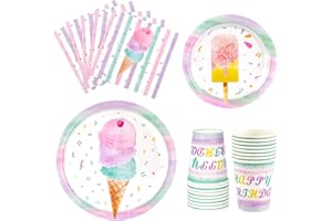 WERNNSAI Ice Cream Party Decorations - Ice Cream Birthday Plates Napkins Cups for Kids Girls Sweet Birthday Decorations Dispo