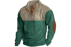 HTHLVMD Mens Corduroy Shirt Button Up Pullover Mock Neck Long Sleeve Sweaters Polo Sweatshirts with Elbow Patches