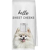 BlissfulAbon Funny Pomeranian Bathroom Decor - Pomeranian Gifts Waffle Decorative Hand Towels, Hello Sweet Cheeks Bathroom Decor, 16x24 Inches