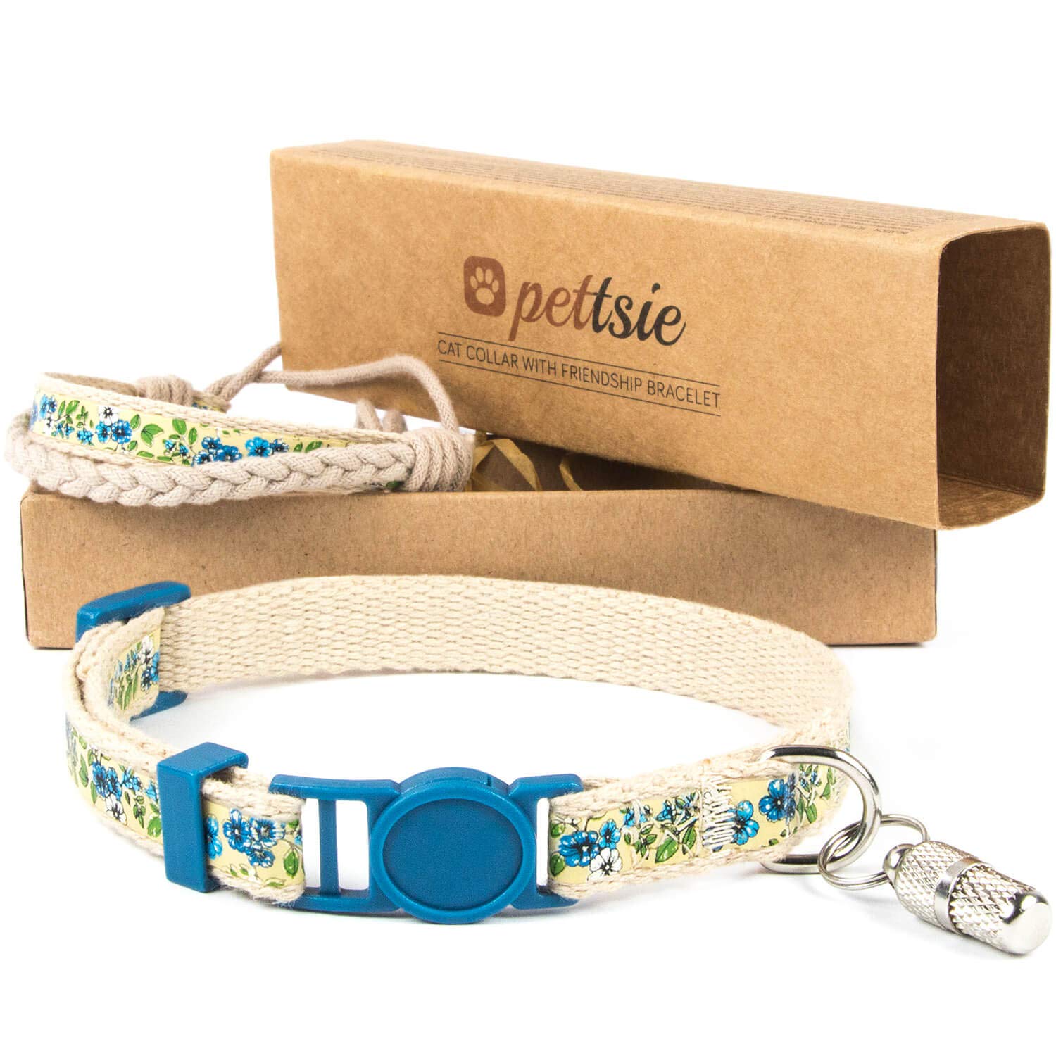 Pettsie Breakaway Cat Collar & Matching Bracelet, Adjustable Collar 19-29 cm, Safety Buckle, Soft Cotton, ID Tag Included, Blue