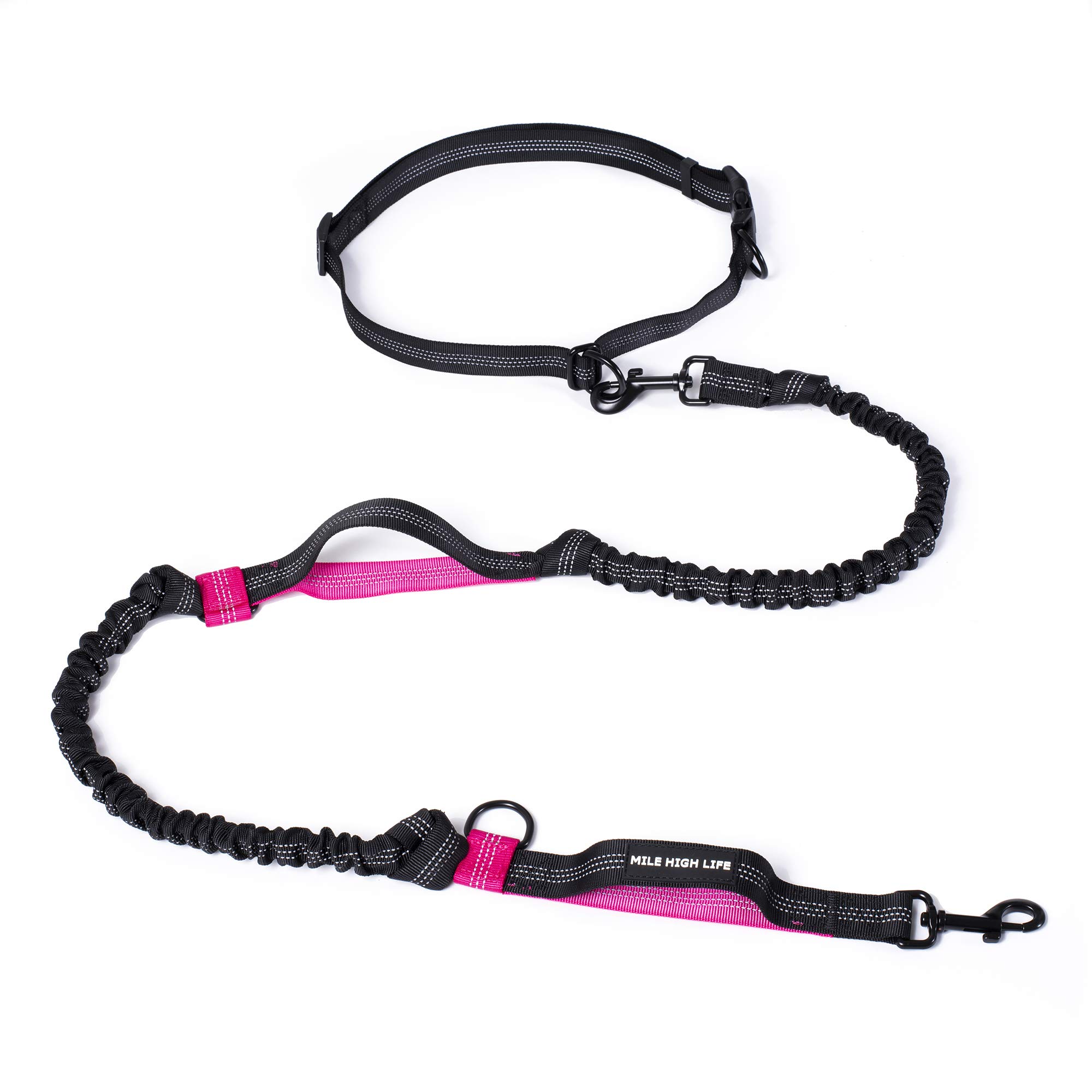 Mile High Life | Retractable Hands Free Dog Leash | Waist Running Adjustable | Reflective Dual Bungees | Dual Handles | Small Medium Large Dogs | (Hot Pink)