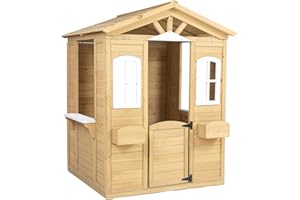 Dithoko Wooden Playhouse for Kids Outdoor, Country Style Playhouse with Working Door, Windows, Mailbox, Flowers Pot Holder, Service Stations, Natural,39" L x 38" W x 55.5" H
