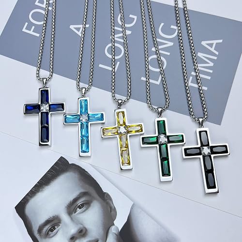 OIDEA Stainless Steel Cross Necklace With CZ Birthstone - Sliver Necklace For Women & Men - Gift For Christmas, Birthday