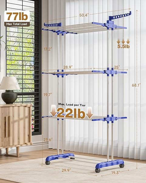 BIGZZIA CLOTHES DRYING RACK, FOLDING STAINLESS STEEL DRYING RACK CLOTHING INDOOR OUTDOOR, SPACE-SAVING, 4 TIER LAUNDRY DRYING RACK WITH TWO SIDE WINGS GREY BLUE