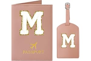 JOYRNALK Passport Holder for Travel Women Initial Passport Cover Passport Wallet Passport Case Travel Essentials Leather Passport Holder and Luggage Tags Set With Chenille Letter Patch for Travel Family Pink M