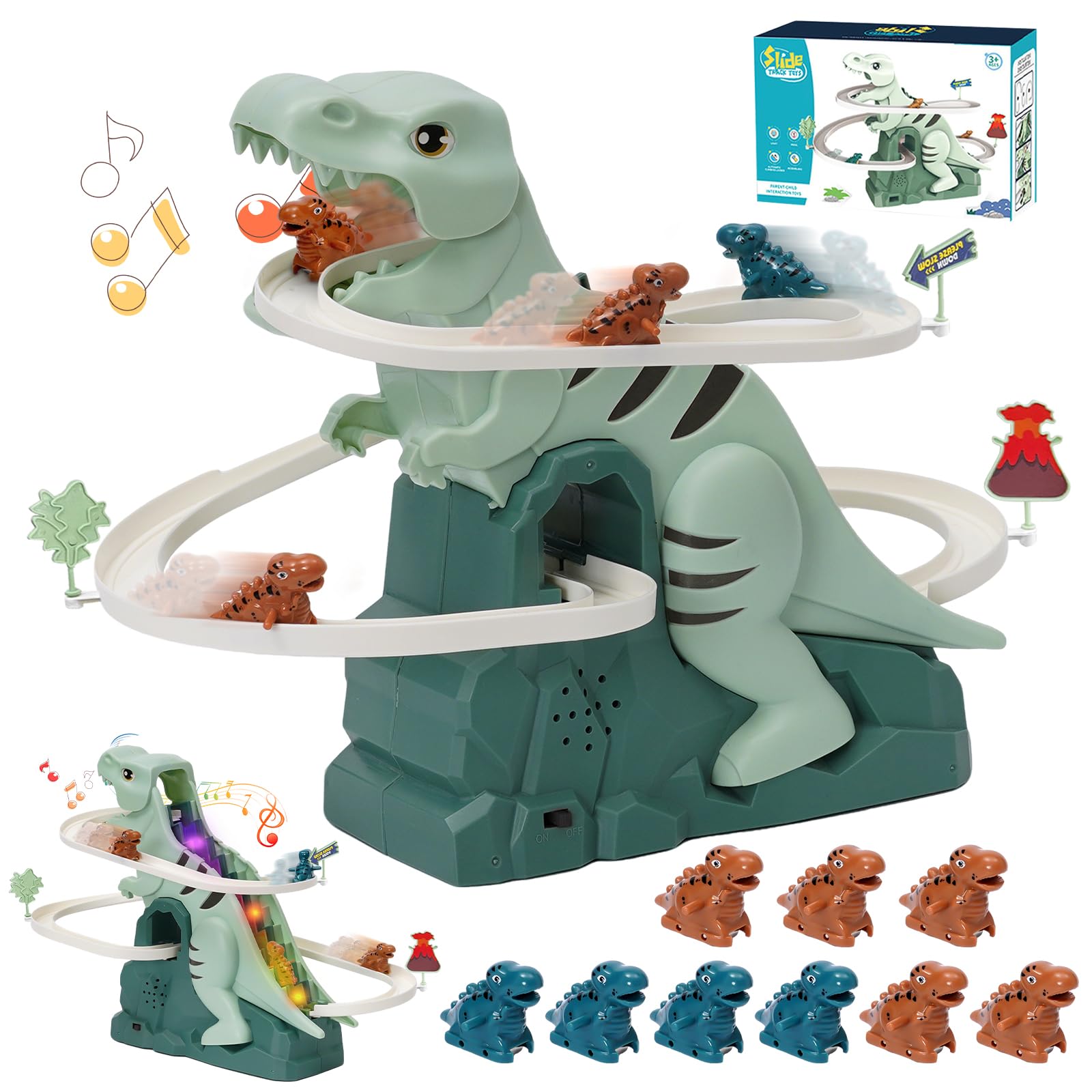 Dinosaur Climbing Stairs Toy Upgrated Large Size Orbit Chasing Race Track Game Slide Climb Stair Toys Roller Coaster Toy with Music Light Educational Puzzle Playsets Gift for Toddler Kids Boys Girls