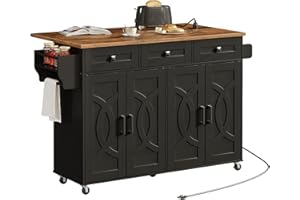 HOOBRO Kitchen Island with Drop Leaf, Rolling Kitchen Island with Storage and Power Outlet, Kitchen Cart with 3 Drawers and A
