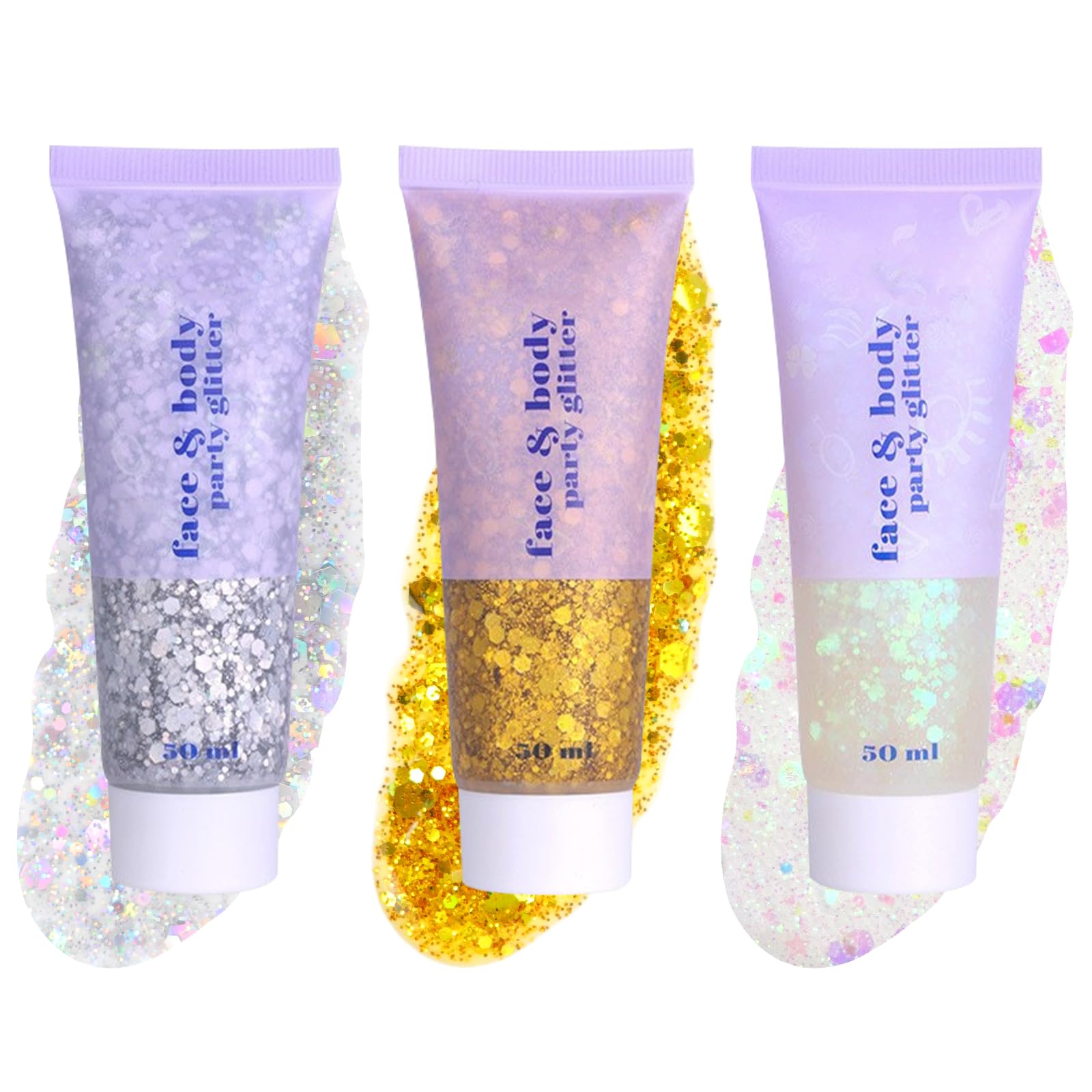 Sularpek 3-Piece Face & Body Glitter Set - 50ml Hair & Eye Shimmer Liquid, Mermaid Sequins for Festival Party Makeup Decoration