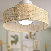 22” Bamboo DC Dimmable Ceiling Fan with Light and Remote Control,Boho Wooden Wicker Cage Rattan Bohemian Tropical Caged Wood 