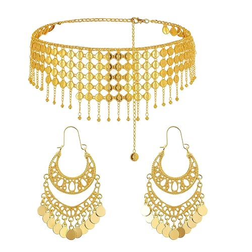Belly Dance Hip Scarf, Gold Coin Waist Chain with Earrings, Belly Dancer Outfit Accessory for Women, Belly Dancing Skirt for Performances, Music Festivals, Themed Parties