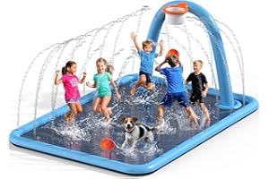 Octaplay Splash Pad for Kids & Dogs, 102x87'' Large Sprinkler Pad Water Toys with Basketball Hoop, Thickened Non-Slip Splash Mat, Foldable Play Pool & Outdoor Summer Toys Ages 4-12 (102" Splash Pad)