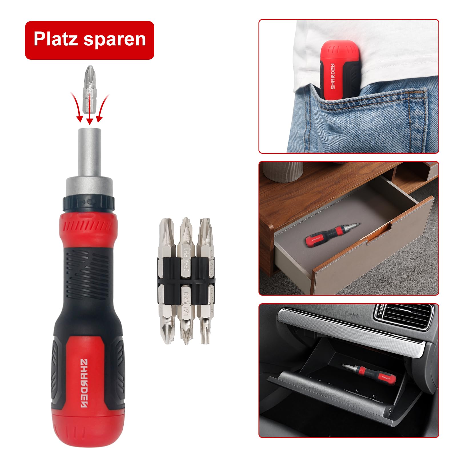 SHARDEN Ratschen Schraubendreher 13-in-1 Ratschen-Schraubendreher Multibit-Schraubendreher Multitool All in One mit Torx, Schlitz, Kreuzschlitz, Sechskant,Pozidriv und 1/4 Mutternschl¨¹ssel 5