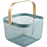 AJIODA Metal Mesh Steel Basket, Storage Organizer Basket Multi-functional Hanging Kitchen Baskets Fruit Basket Bin with Bamboo Handle for Kitchen Bathroom Picnic Shopping Decor Cabinet Home, Blue