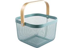 AJIODA Metal Mesh Steel Basket, Storage Organizer Basket Multi-Functional Hanging Kitchen Baskets Fruit Basket Bin with Bambo