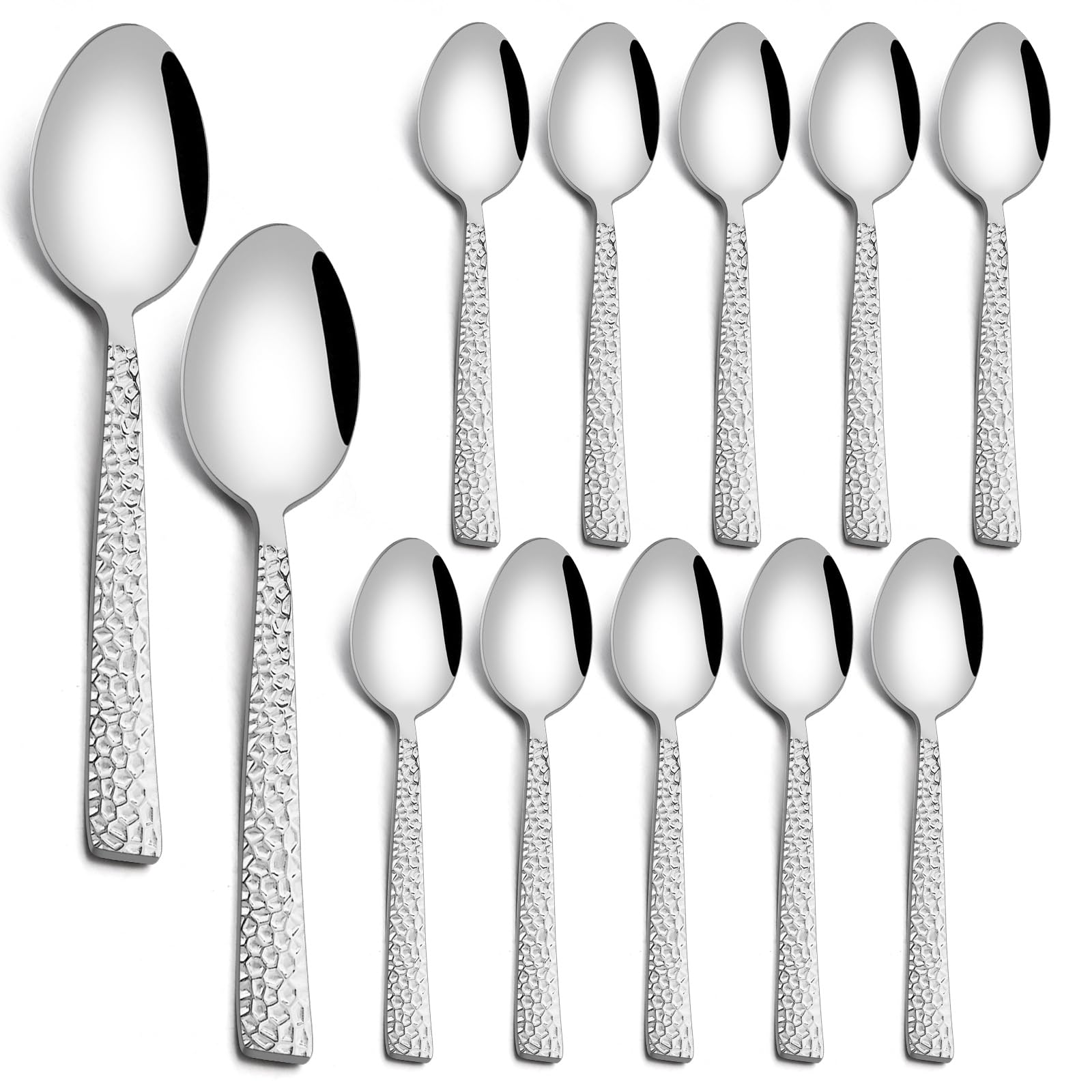 HaWare Small Stainless Steel Teaspoons Set of 12, Square Hammered Coffee Dessert Spoons for Home, Restaurant, Kitchen, Silver& Mirror Polished, Dishwasher Safe (13.5cm)