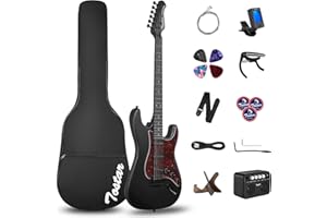 TOSTAR 39 Inch Full Size Electric Guitar Kit Solid Body Electric Guitar Beginner Kits with 10W Amp, Tuner, Capo, Wooden Guitar Stand, 6 String Set, 4 Guitar Picks, Cable, Strap, 600D Bag (Matte Black)