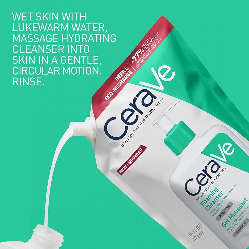 CeraVe Foaming Cleansing Gel Refill, Para Pele Normal a Oleosa, Remove o Excesso de Sebo, Enriquecido com Ceramidas Essenciais, Niacinamida e Ácido Hialurónico, Adequado para Rosto e Corpo, 473 ml