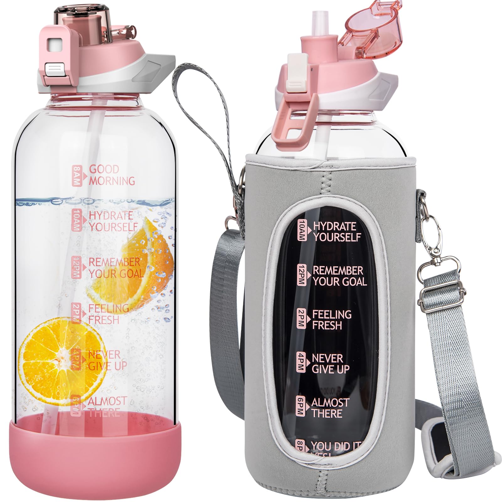 Seekua 2 litre Large Glass Water Bottle with Straw & Time Markings 2l Big Motivational Glass Drinking Bottle BPA free Leakproof