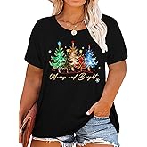 Christmas Plus Size Shirt Women Merry and Bright Tops Holiday Shirt Women Oversized Xmas Tee Fall Tops