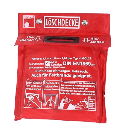 Löschdecke 1,60 x 1,80 m in Tasche zum Aufhängen mit Grifftaschen zur sicheren Handhabung