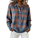 Women's Plaid Print Casual Cotton Buttoned Cardigan Sweater, Plaid Cropped Sweater with Knit Cardigan Style